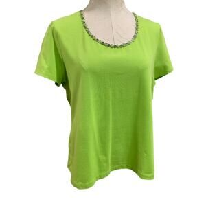 Large Laura Ashley Lime Green Womens Tshirt Embellished Neckline